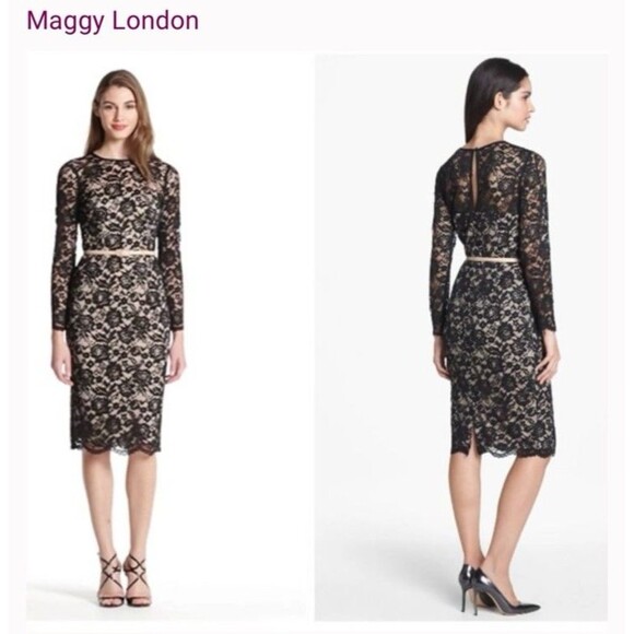 Maggy London Sheath Dress Size 10 Nude Black Lace Overlay Star Flower NWT - Picture 12 of 16